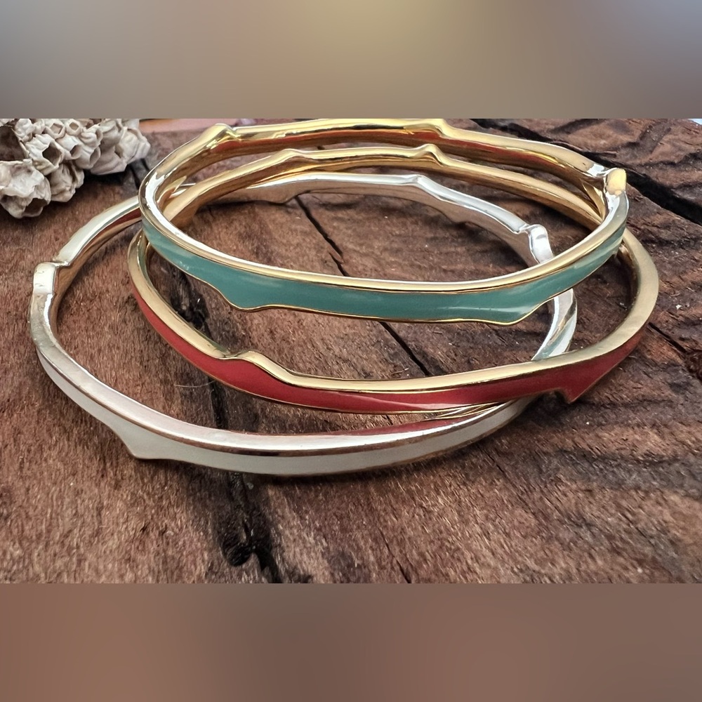 Stella & dot Set 3x Enamel Bangles Pink Salmon, Turquoise Aqua Green & White